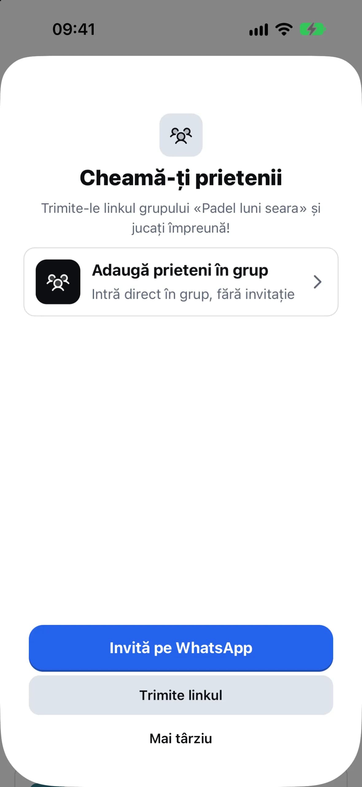 Butonul Invită pe WhatsApp, imediat după crearea grupului