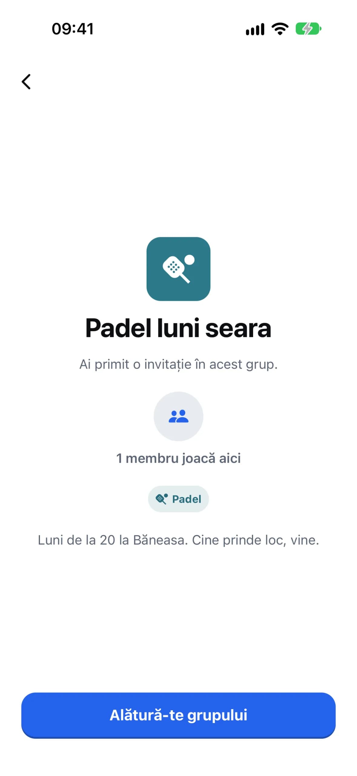 Pagina de invitație cu butonul Alătură-te grupului