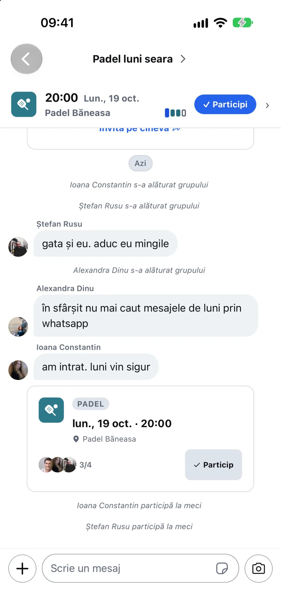 Chatul grupului, cu cei care au intrat