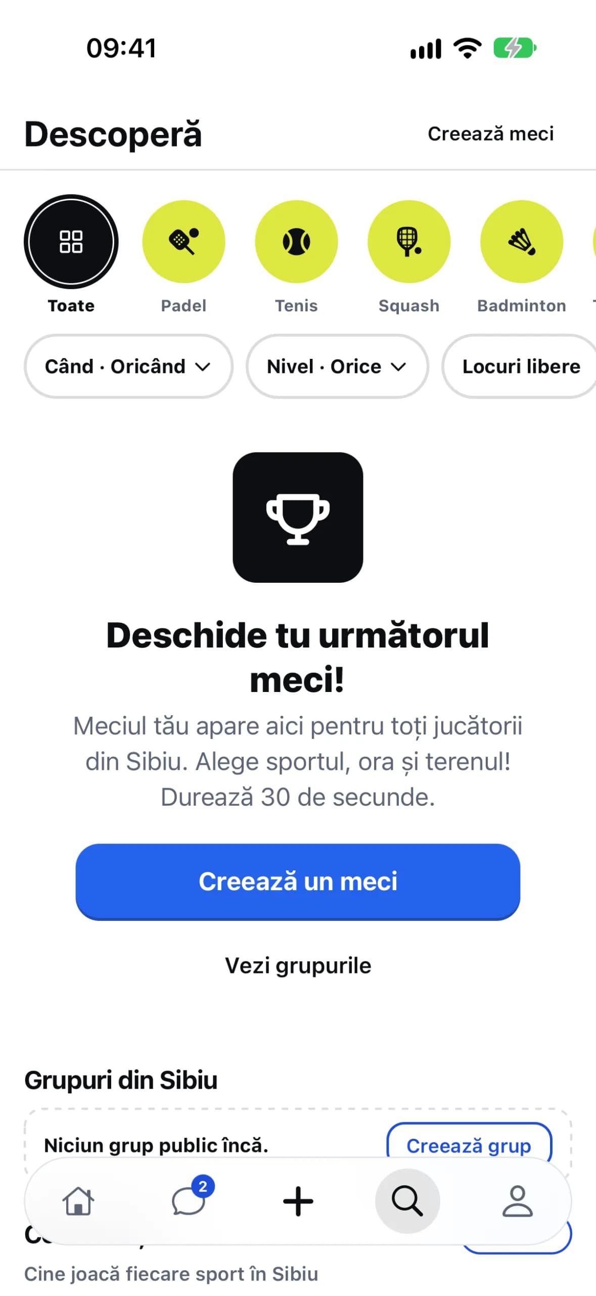 Ecranul Descoperă fără meciuri, cu mesajul „Deschide tu următorul meci!”