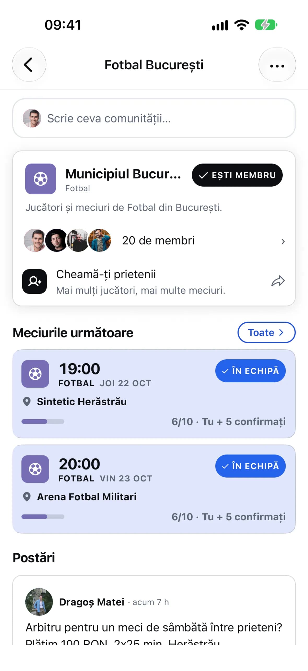 Comunitatea unui sport din oraș, cu membrii și meciurile ei