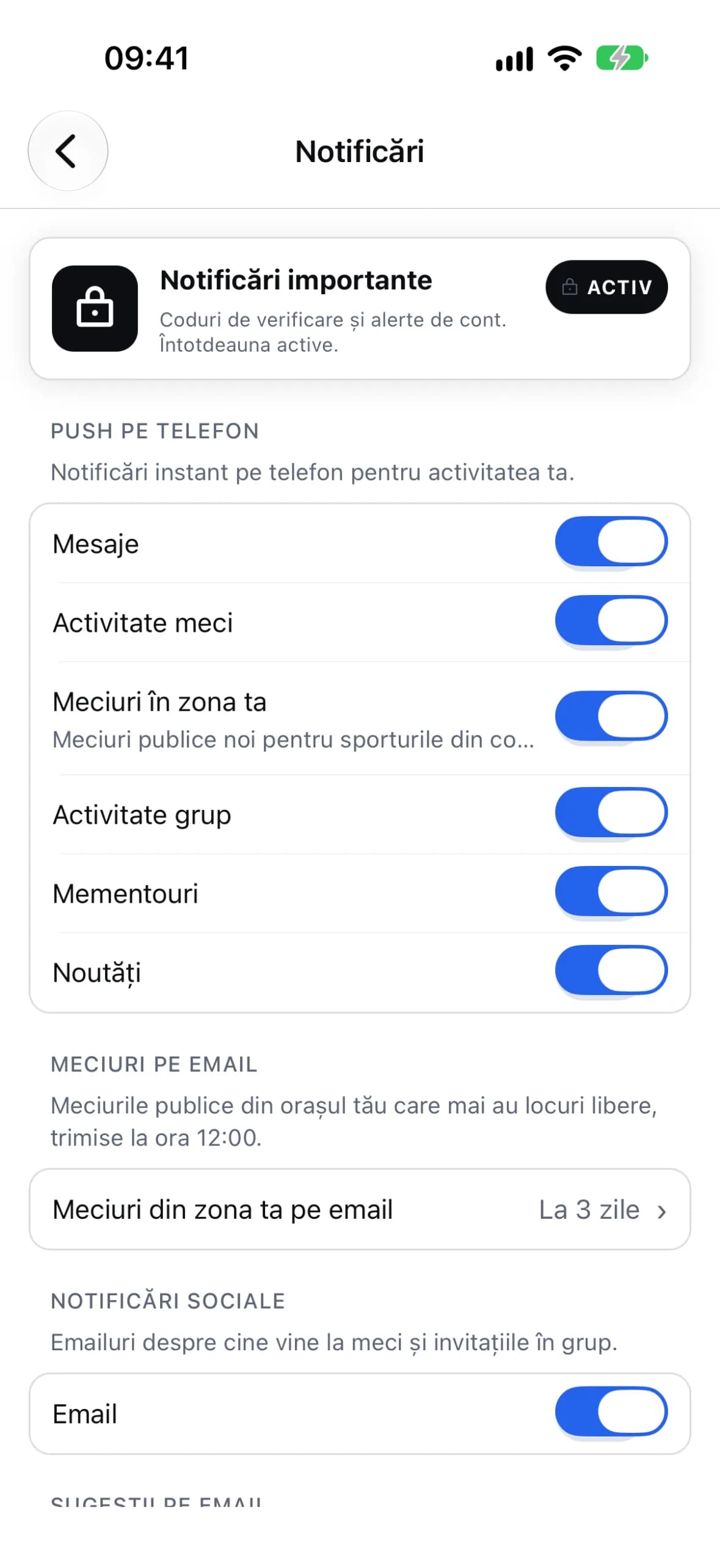 Preferința „Meciuri în zona ta” pornită în setările de notificări