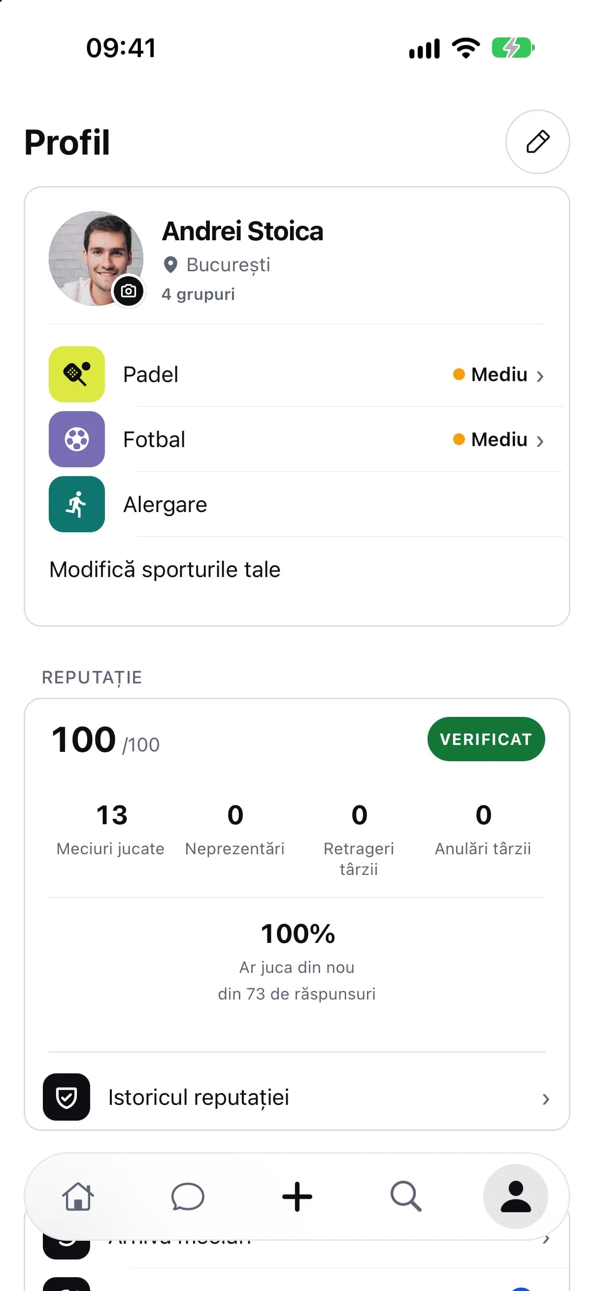 Profilul unui jucător cu sporturile, meciurile jucate și reputația