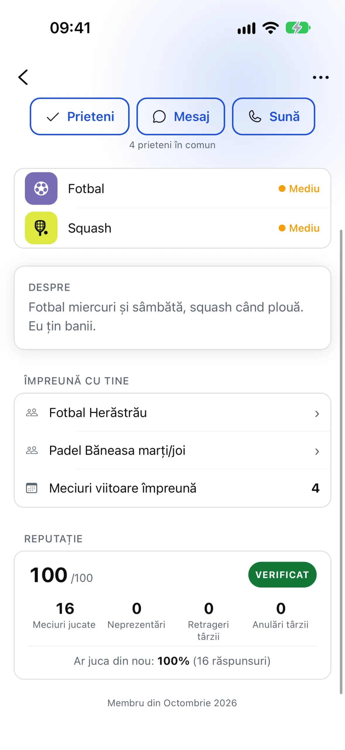 Profilul unui jucător „Verificat”, cu 16 meciuri jucate și zero neprezentări