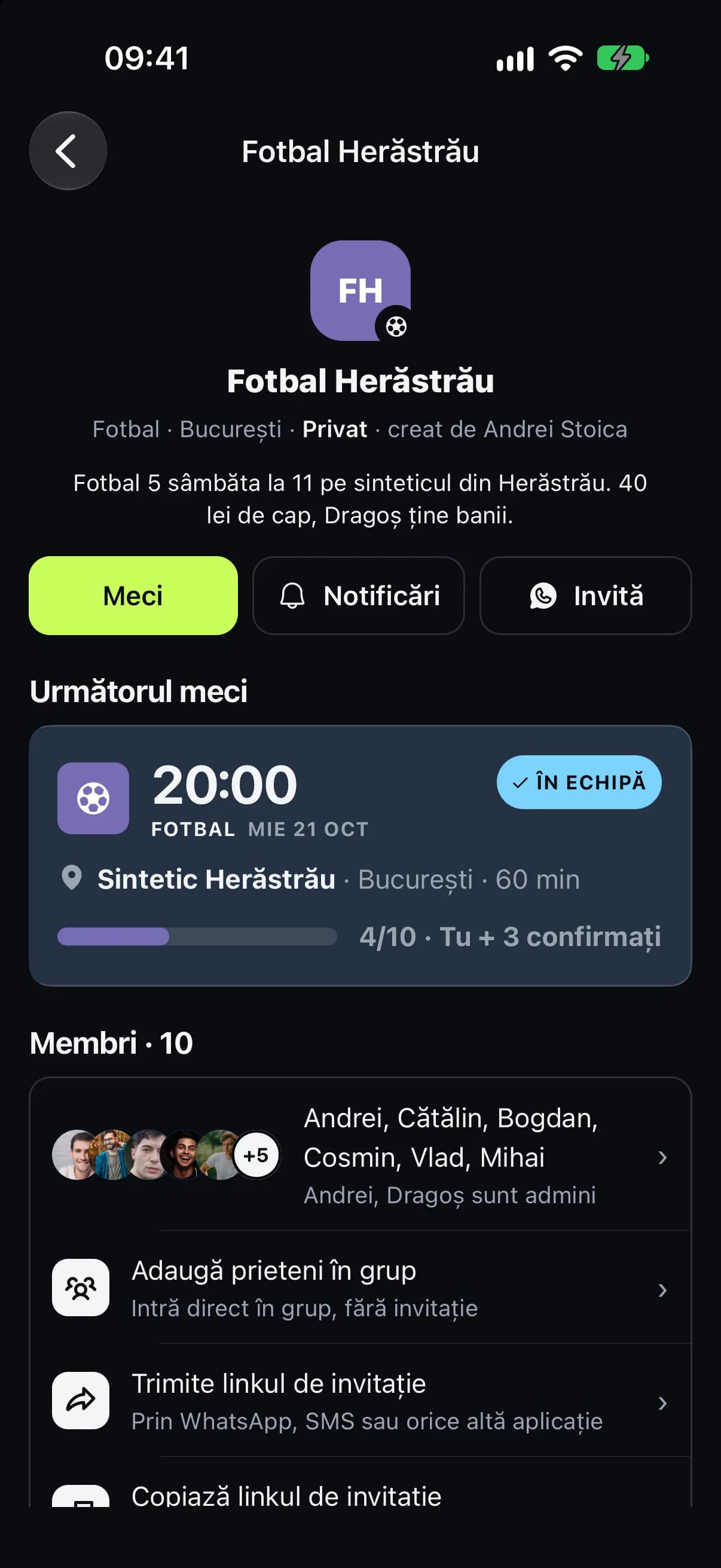 Ecranul grupului în aplicația Sportly