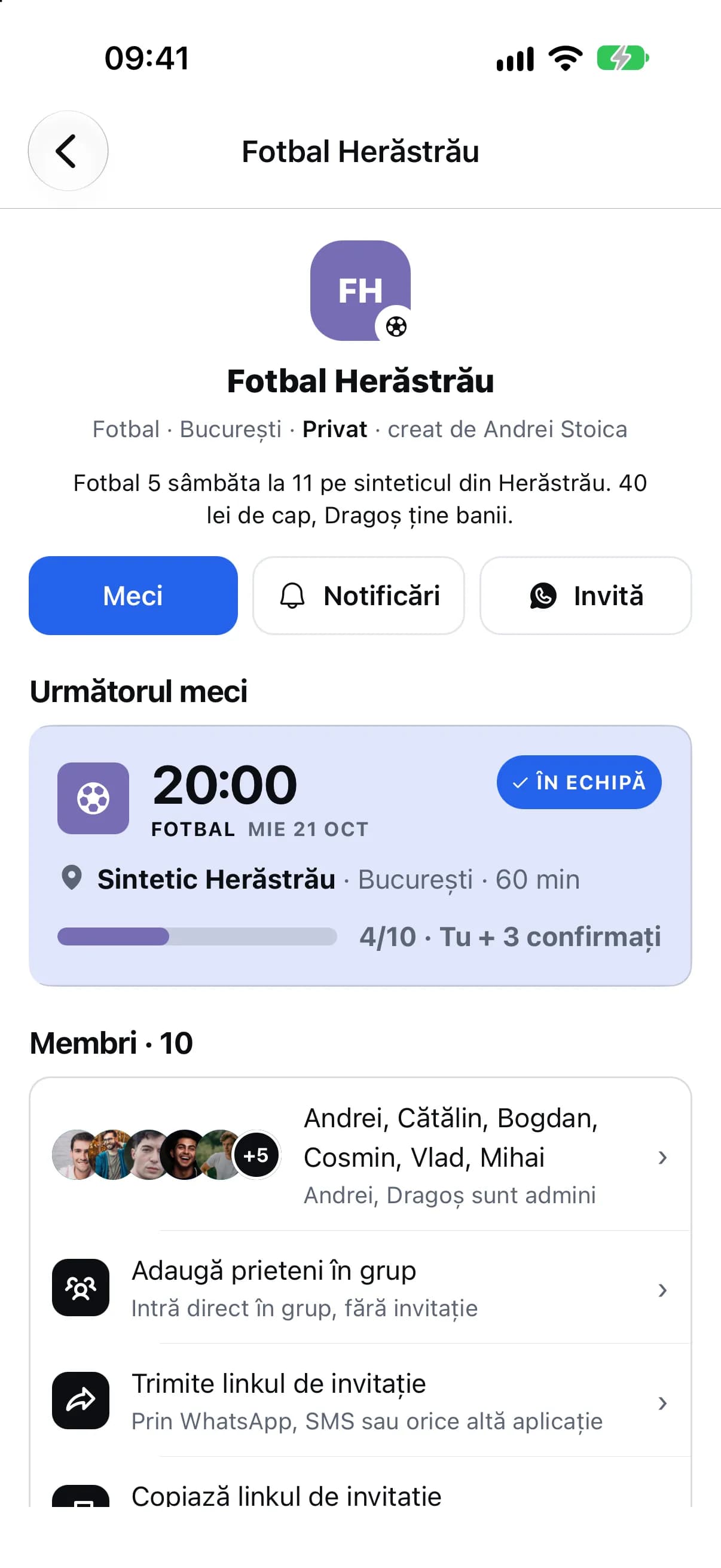 Ecranul grupului în aplicația Sportly