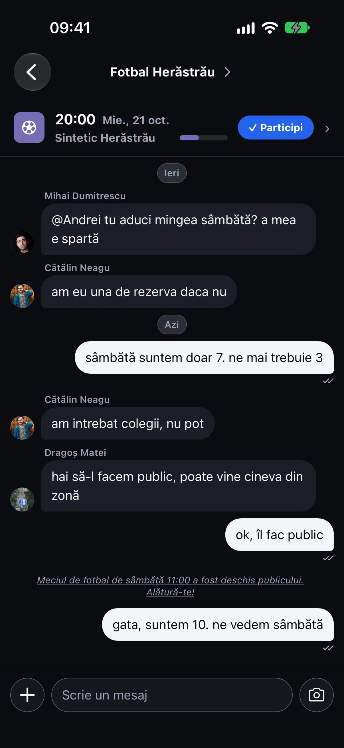 Chatul grupului, după ce meciul a fost deschis publicului