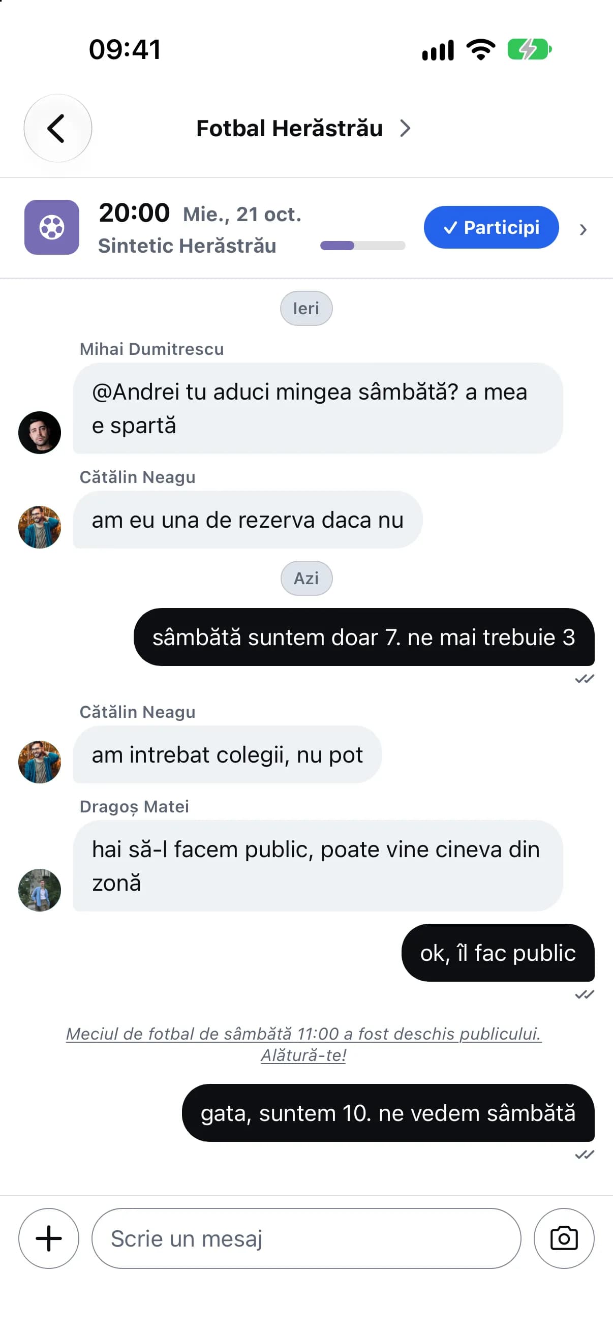 Chatul grupului, după ce meciul a fost deschis publicului
