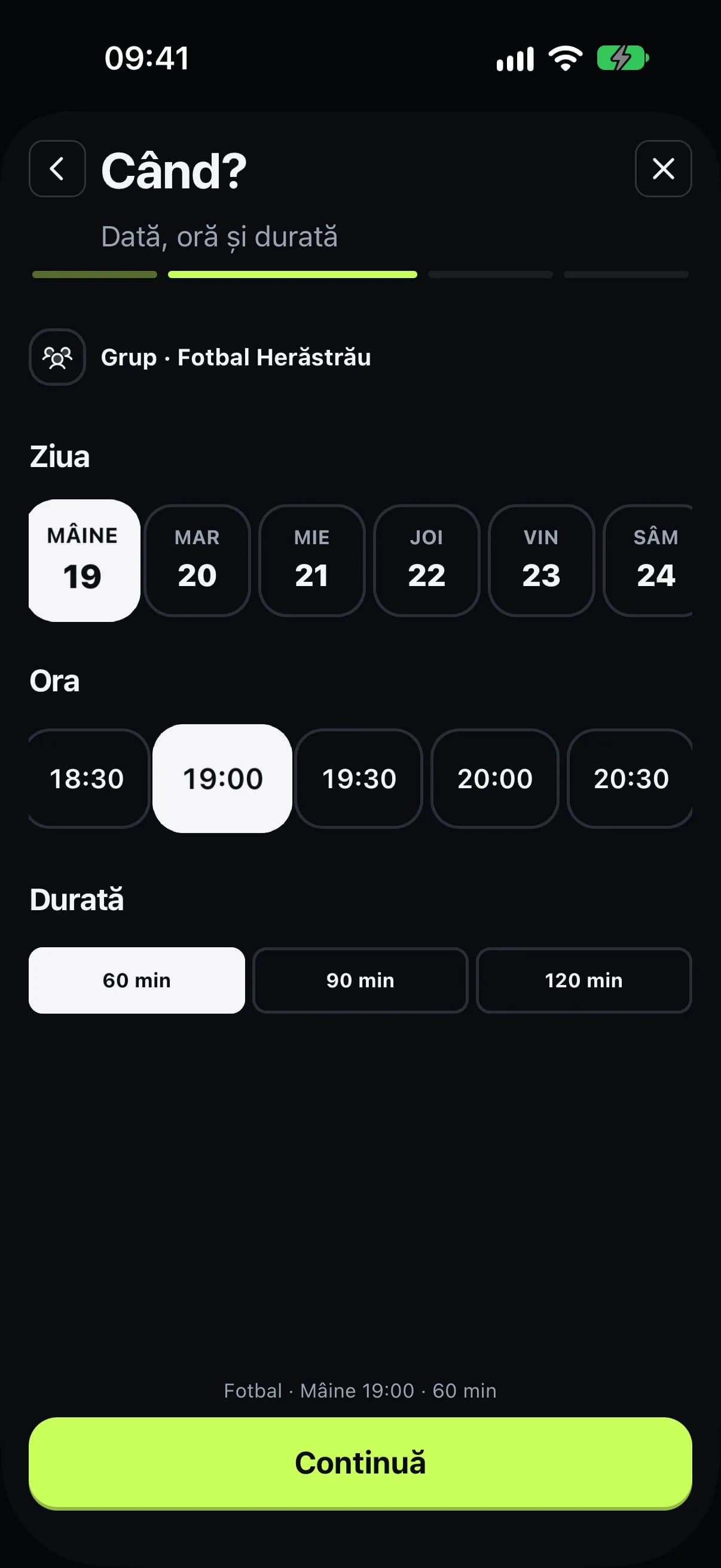 Crearea unui meci, cu ziua și ora