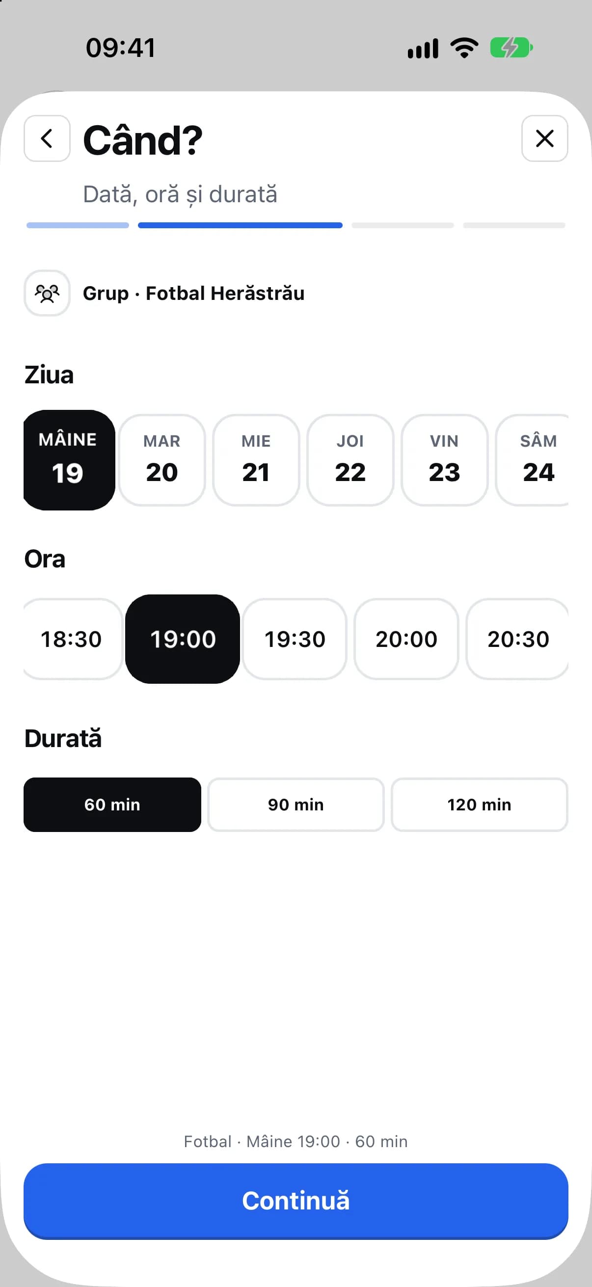 Crearea unui meci, cu ziua și ora