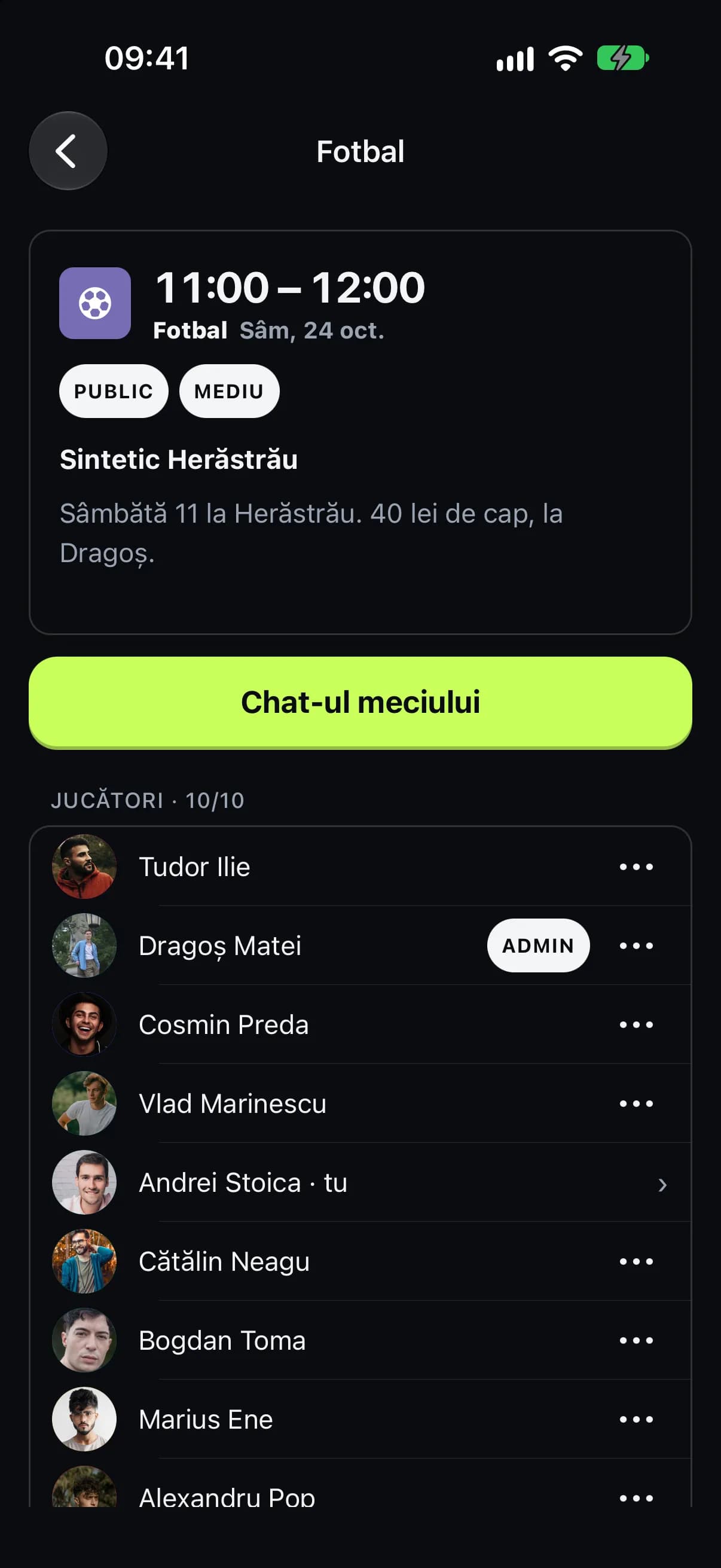 Pagina unui meci public, cu lista jucătorilor
