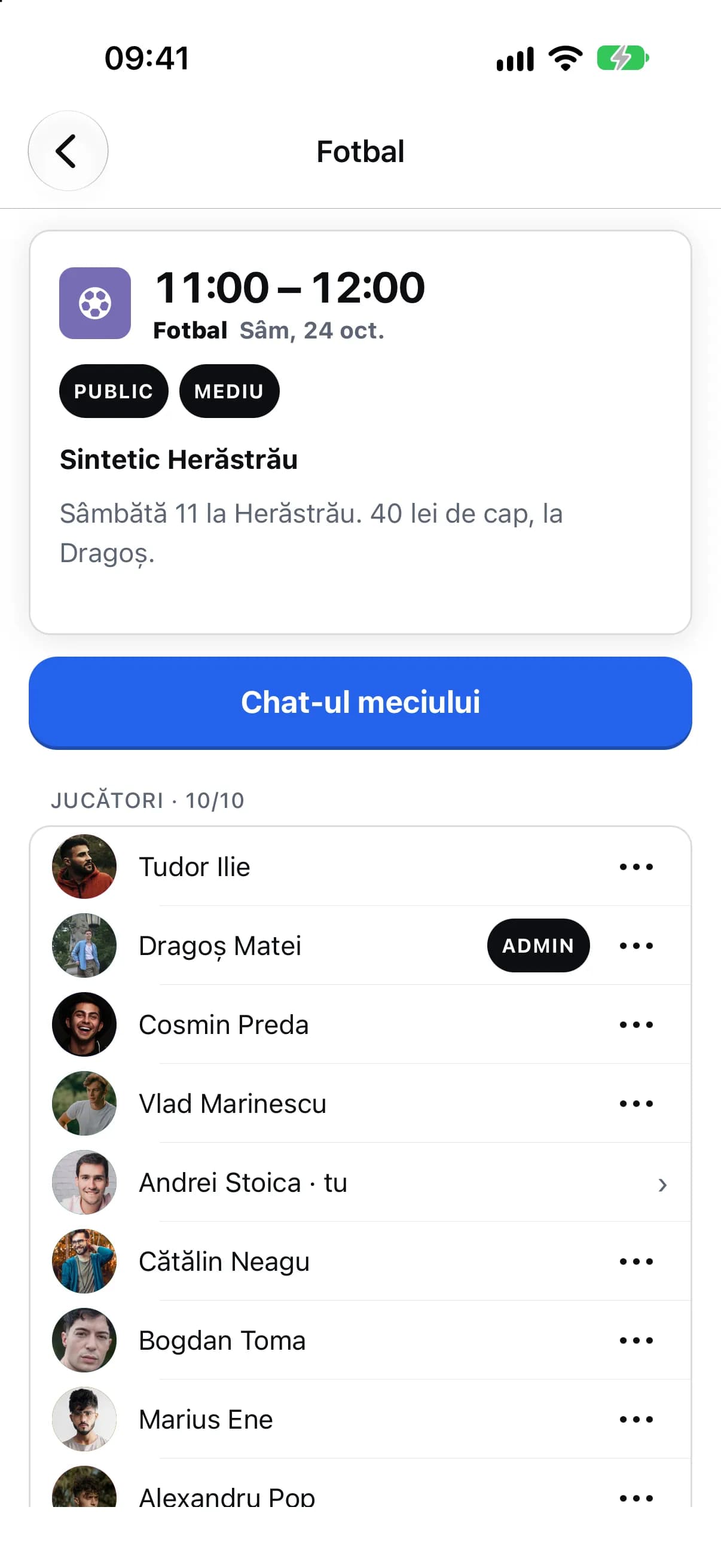 Pagina unui meci public, cu lista jucătorilor