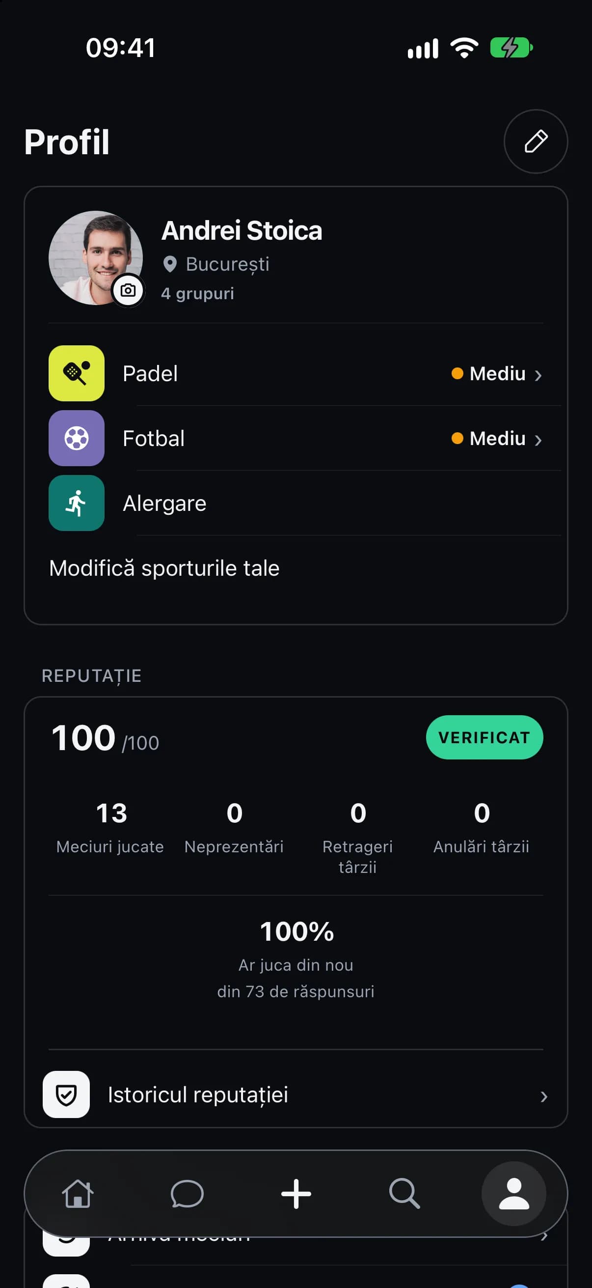 Profilul unui jucător, cu sporturile și reputația