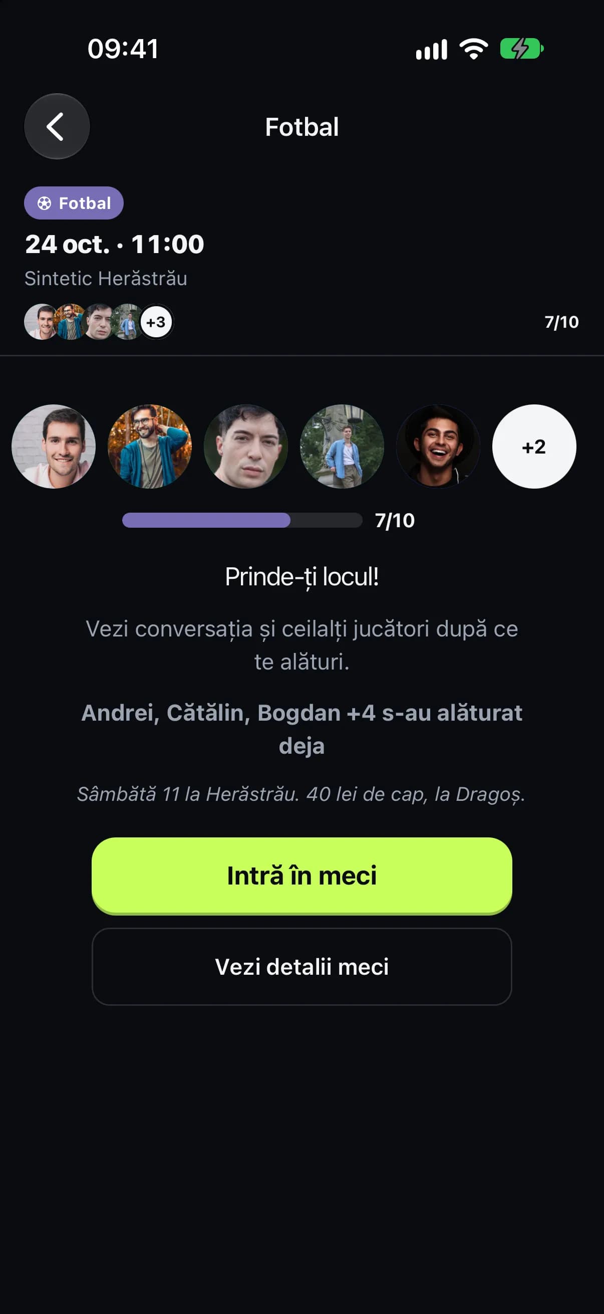 Pagina meciului, cu butonul „Intră în meci”