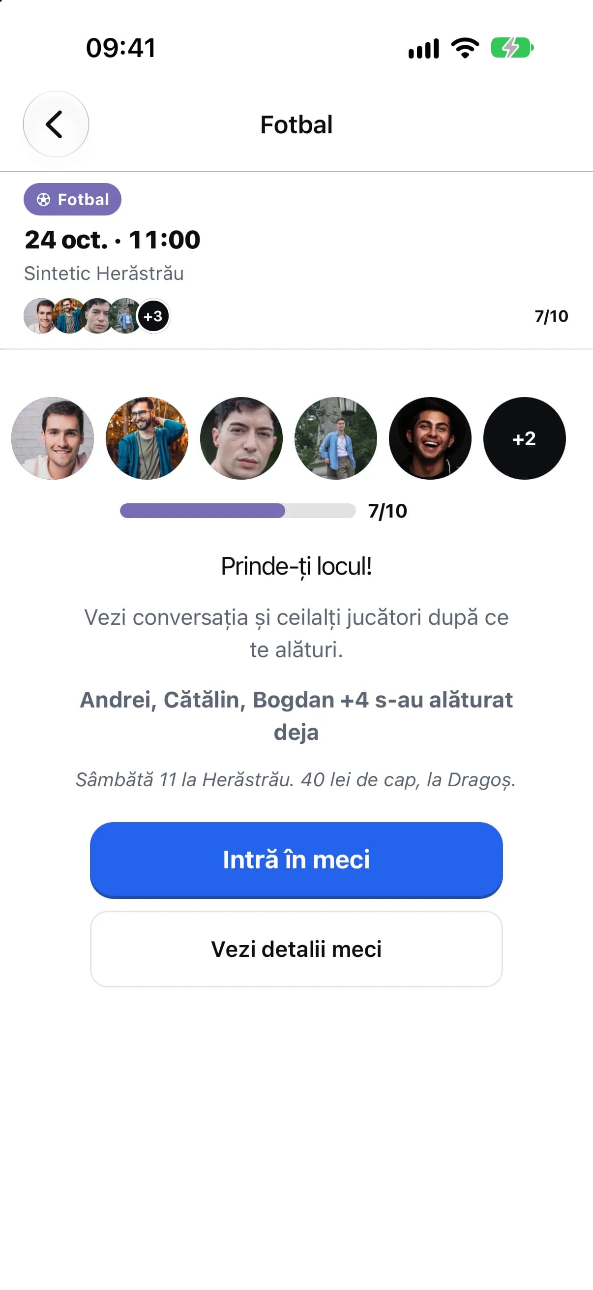 Pagina meciului, cu butonul „Intră în meci”
